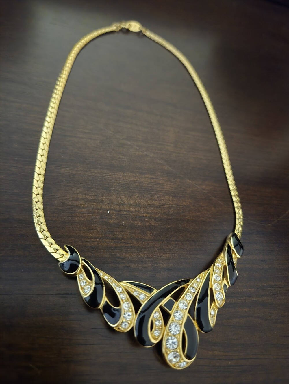 Signed TRIFARI Black & Rhinestone Ribbon Swirl Collar Necklace 1980s DecoRevival
